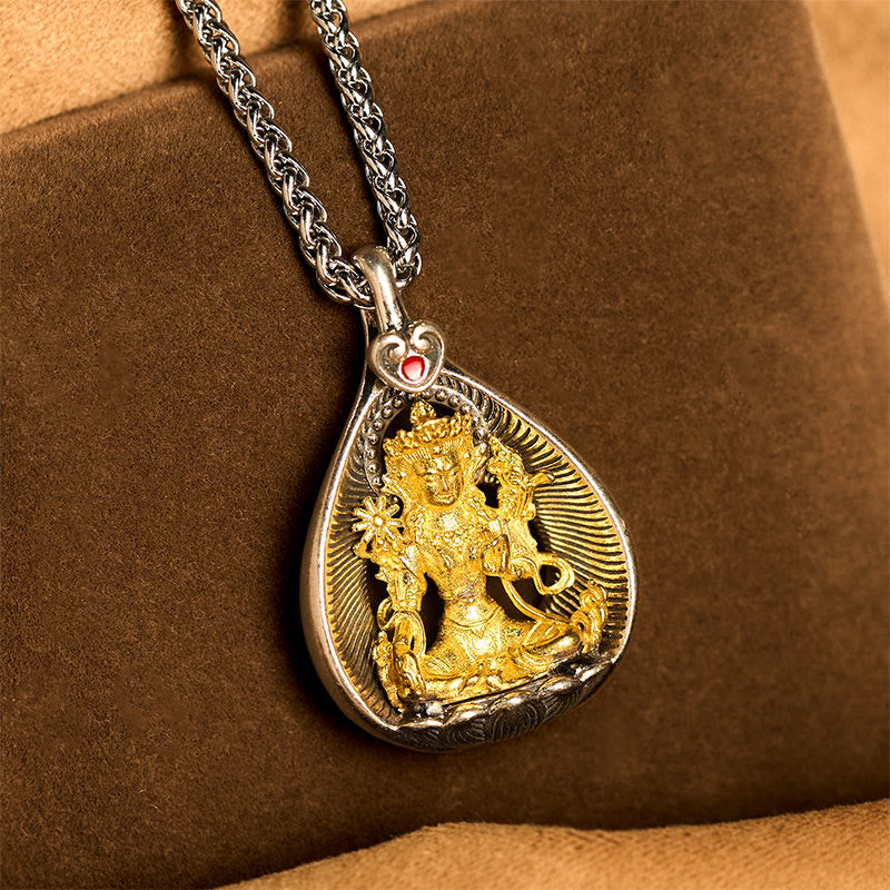 FREE Today: Luck Healing Green Tara Shakyamuni Buddha Copper Plated Silver Curb Chain Pendant Necklace