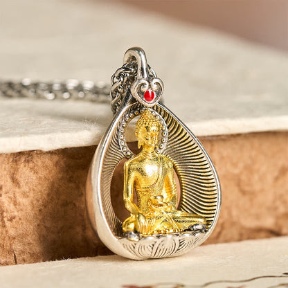 FREE Today: Luck Healing Green Tara Shakyamuni Buddha Copper Plated Silver Curb Chain Pendant Necklace