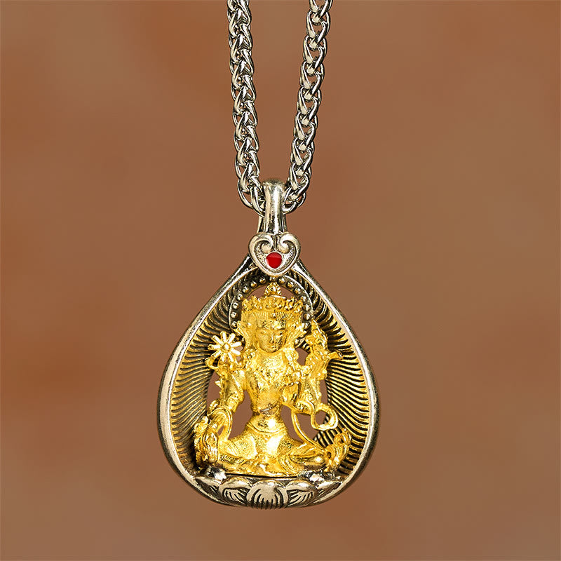 FREE Today: Luck Healing Green Tara Shakyamuni Buddha Copper Plated Silver Curb Chain Pendant Necklace