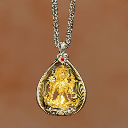 FREE Today: Luck Healing Green Tara Shakyamuni Buddha Copper Plated Silver Curb Chain Pendant Necklace
