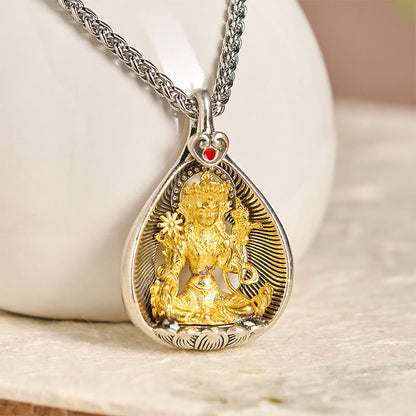 FREE Today: Luck Healing Green Tara Shakyamuni Buddha Copper Plated Silver Curb Chain Pendant Necklace