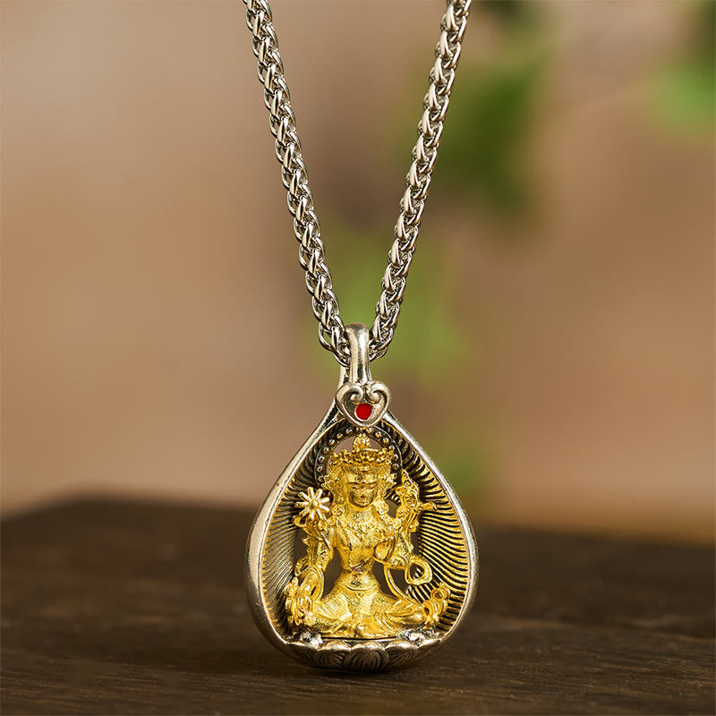 FREE Today: Luck Healing Green Tara Shakyamuni Buddha Copper Plated Silver Curb Chain Pendant Necklace