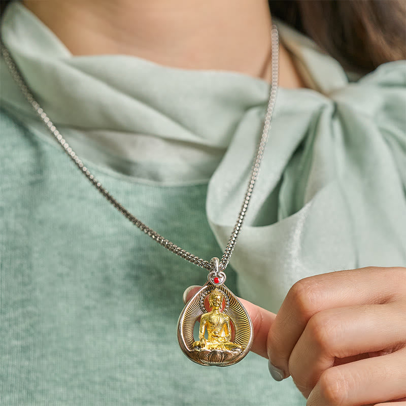 FREE Today: Luck Healing Green Tara Shakyamuni Buddha Copper Plated Silver Curb Chain Pendant Necklace