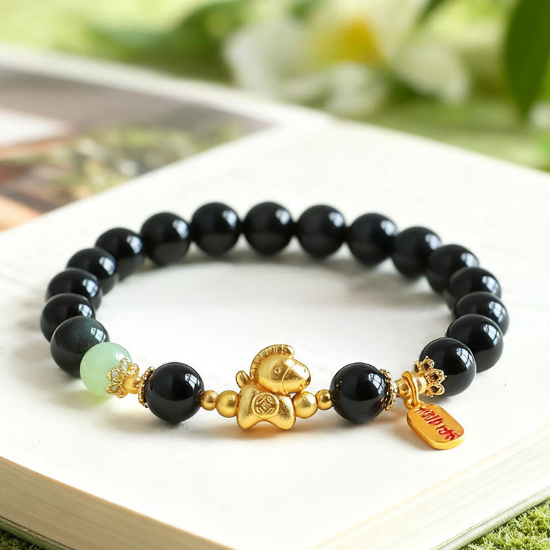 FREE Today: Fulfilment Strength Year Of The Horse Hetian Jade Black Obsidian Red Agate Bracelet