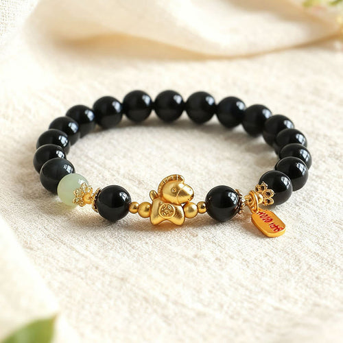 FREE Today: Fulfilment Strength Year Of The Horse Hetian Jade Black Obsidian Red Agate Bracelet