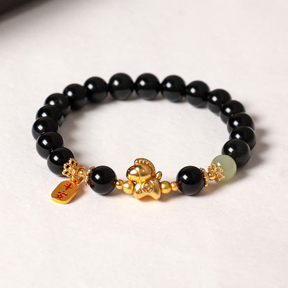 FREE Today: Fulfilment Strength Year Of The Horse Hetian Jade Black Obsidian Red Agate Bracelet