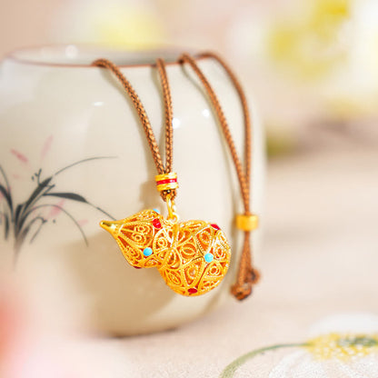 FREE Today: Good Fortune Hollow Gourd Design 24k Gold Plated Brass Rope Necklace Pendant