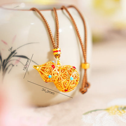 FREE Today: Good Fortune Hollow Gourd Design 24k Gold Plated Brass Rope Necklace Pendant