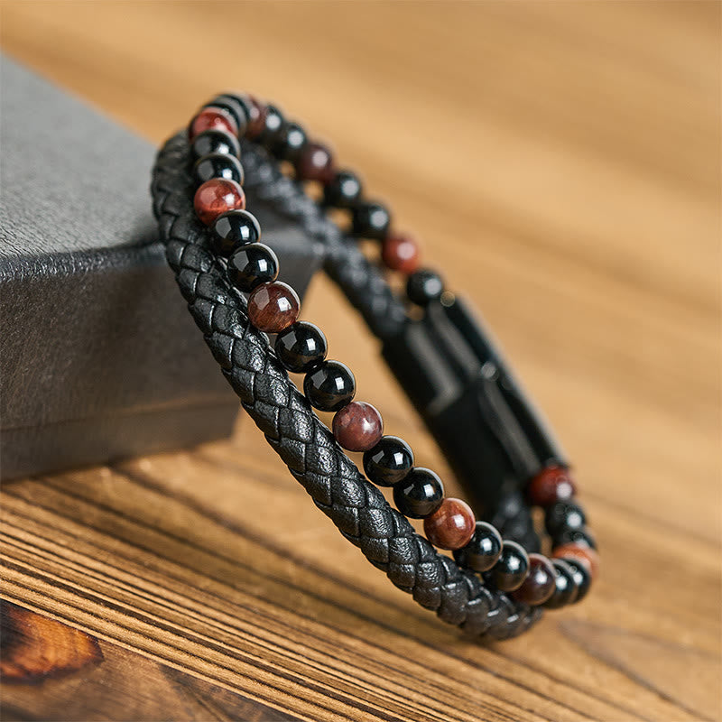 FREE Today: Fortune and Support Black Onyx Tiger Eye Titanium Steel Leather Bracelet