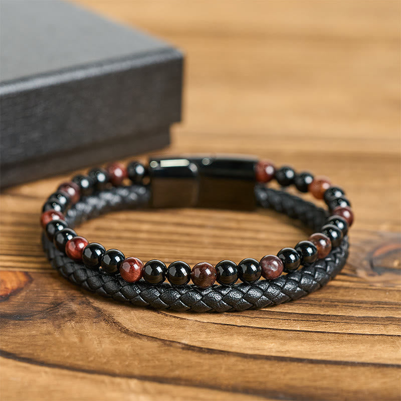 FREE Today: Fortune and Support Black Onyx Tiger Eye Titanium Steel Leather Bracelet