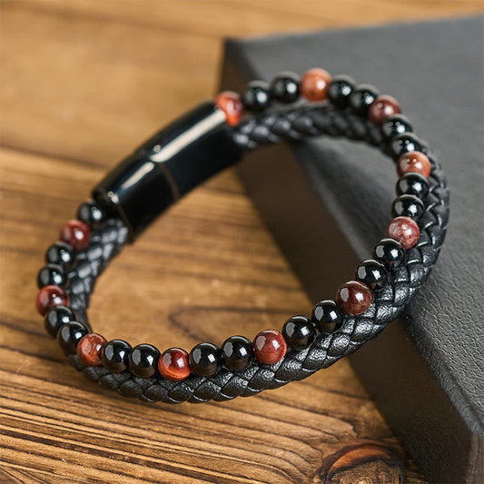 FREE Today: Fortune and Support Black Onyx Tiger Eye Titanium Steel Leather Bracelet