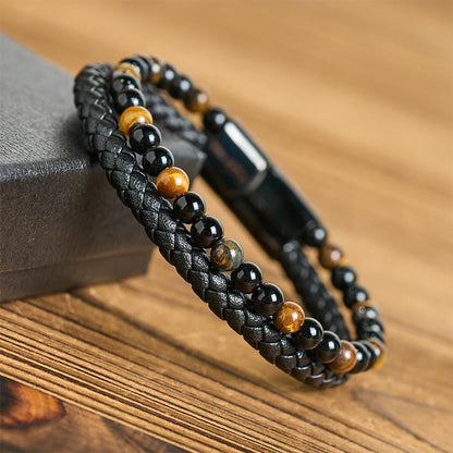 FREE Today: Fortune and Support Black Onyx Tiger Eye Titanium Steel Leather Bracelet