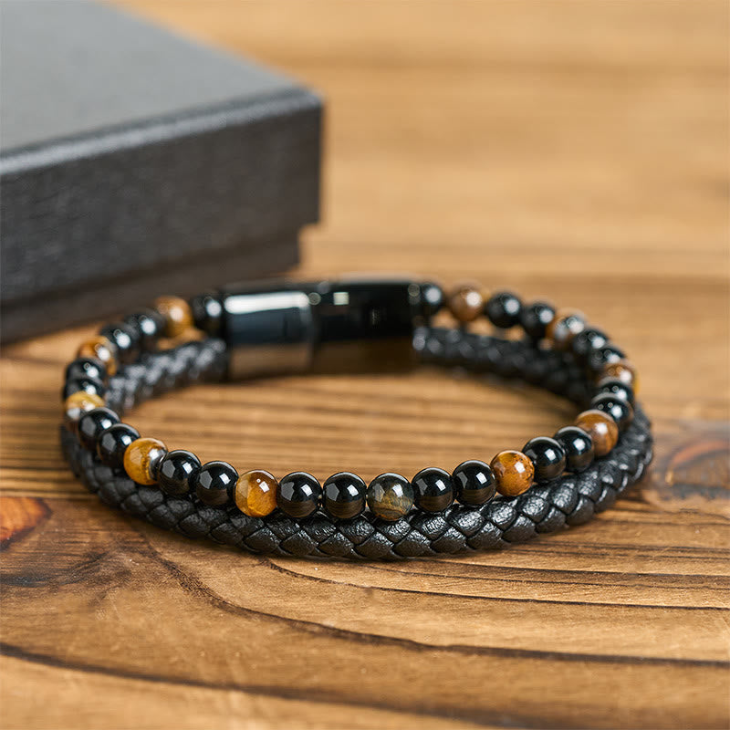FREE Today: Fortune and Support Black Onyx Tiger Eye Titanium Steel Leather Bracelet