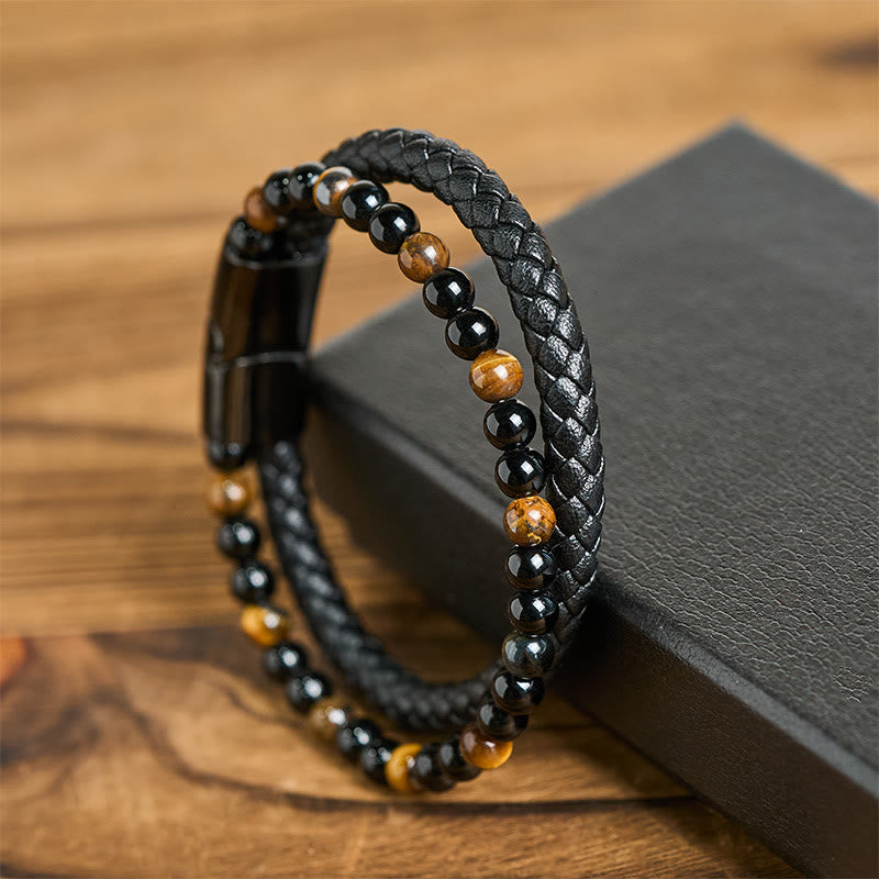 FREE Today: Fortune and Support Black Onyx Tiger Eye Titanium Steel Leather Bracelet