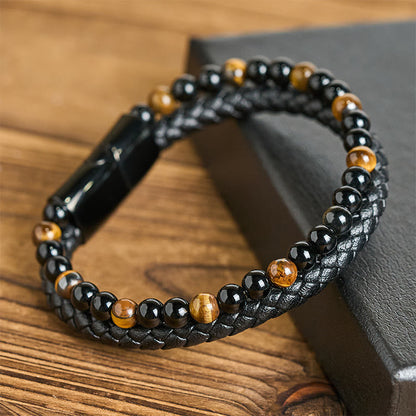 FREE Today: Fortune and Support Black Onyx Tiger Eye Titanium Steel Leather Bracelet