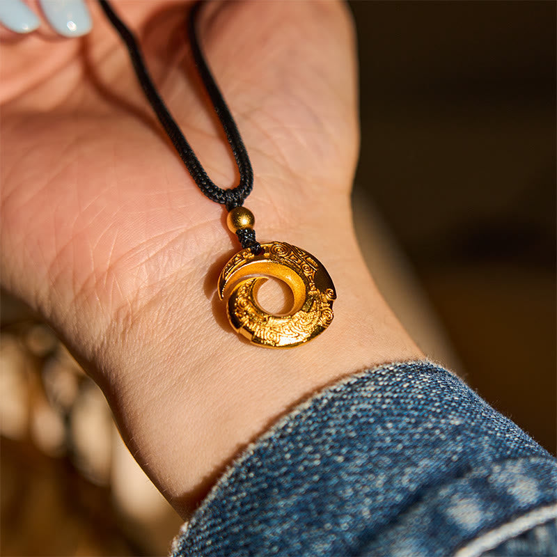 FREE Today: Auspicious and Fortune 24k Gold Plated Brass Peace Buckle Black Rope Necklace Pendant