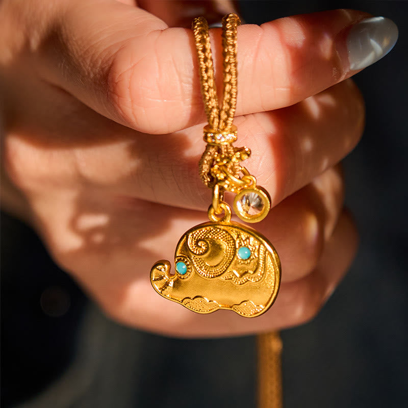 FREE Today: Strength and Wisdom 24k Gold Plated Brass Elephant Symbol Braided Cord Necklace Pendant