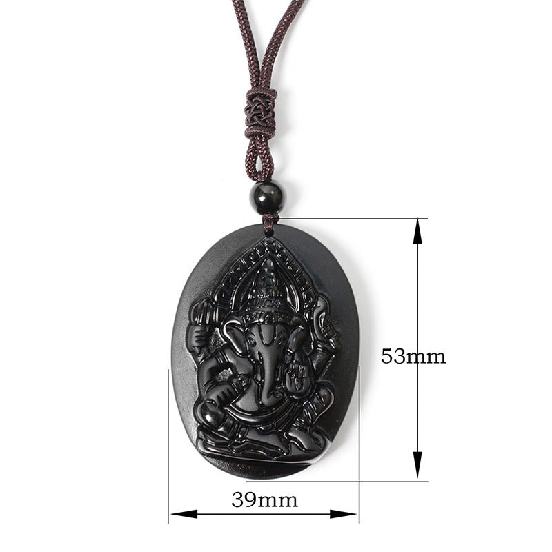 FREE Today: Strength and Reflection Ganesh Elephant Relief Design Natural Black Obsidian Necklace Pendant