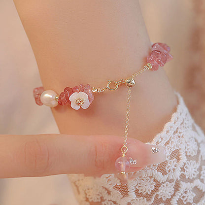 FREE Today: Healing and Love White Flower Pearl Natural Irregular Strawberry Quartz Chain Bracelet