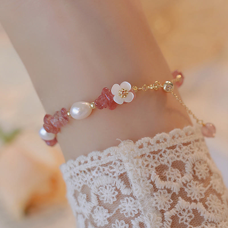 FREE Today: Healing and Love White Flower Pearl Natural Irregular Strawberry Quartz Chain Bracelet
