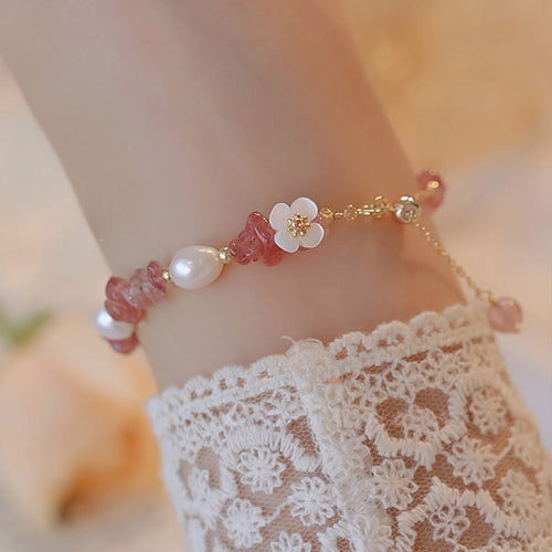 FREE Today: Healing and Love White Flower Pearl Natural Irregular Strawberry Quartz Chain Bracelet