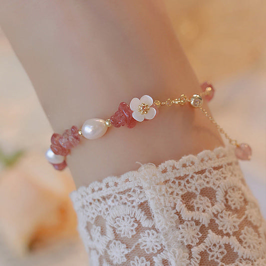 FREE Today: Healing and Love White Flower Pearl Natural Irregular Strawberry Quartz Chain Bracelet
