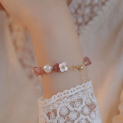 FREE Today: Healing and Love White Flower Pearl Natural Irregular Strawberry Quartz Chain Bracelet