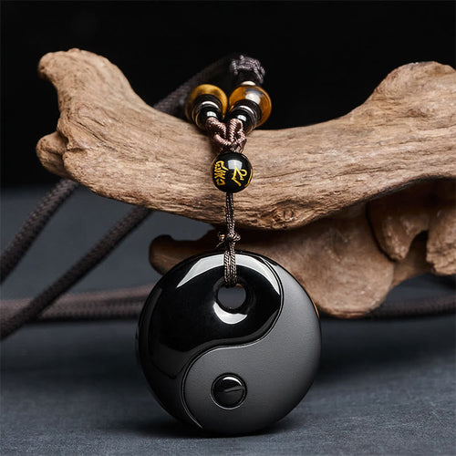FREE Today: Transformation and Strength Yin Yang Symbol Om Mani Padme Hum Black Obsidian Necklace Pendant