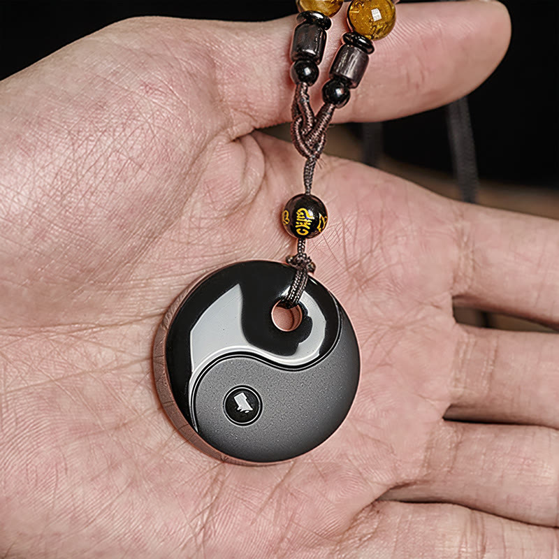 FREE Today: Transformation and Strength Yin Yang Symbol Om Mani Padme Hum Black Obsidian Necklace Pendant
