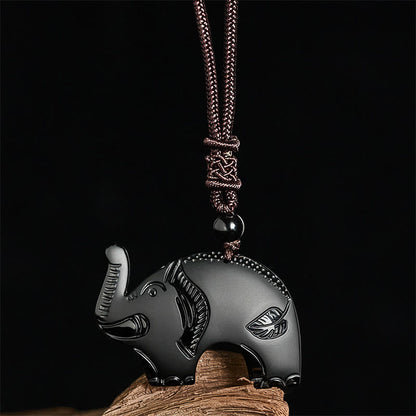 FREE Today: Purification and Wisdom Elephant Symbol Carved Design Black Obsidian Necklace Pendant