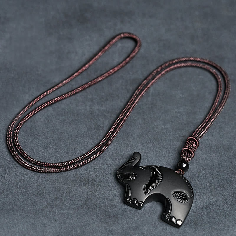 FREE Today: Purification and Wisdom Elephant Symbol Carved Design Black Obsidian Necklace Pendant