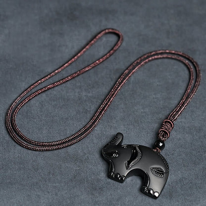 FREE Today: Purification and Wisdom Elephant Symbol Carved Design Black Obsidian Necklace Pendant