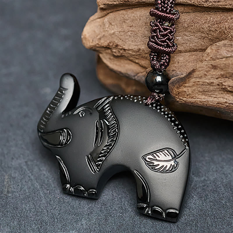 FREE Today: Purification and Wisdom Elephant Symbol Carved Design Black Obsidian Necklace Pendant