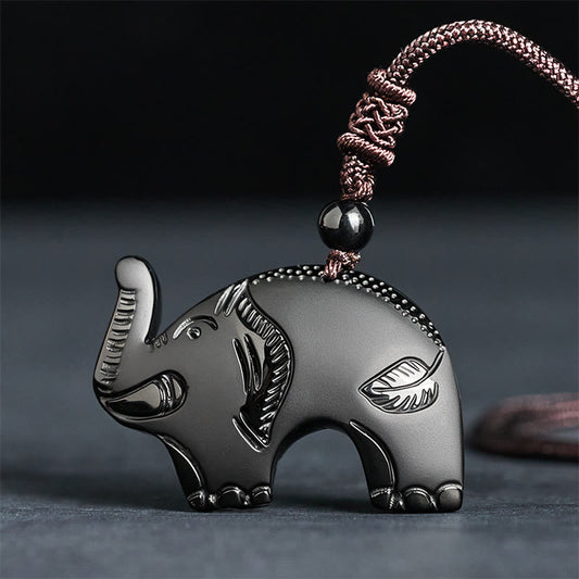 FREE Today: Purification and Wisdom Elephant Symbol Carved Design Black Obsidian Necklace Pendant