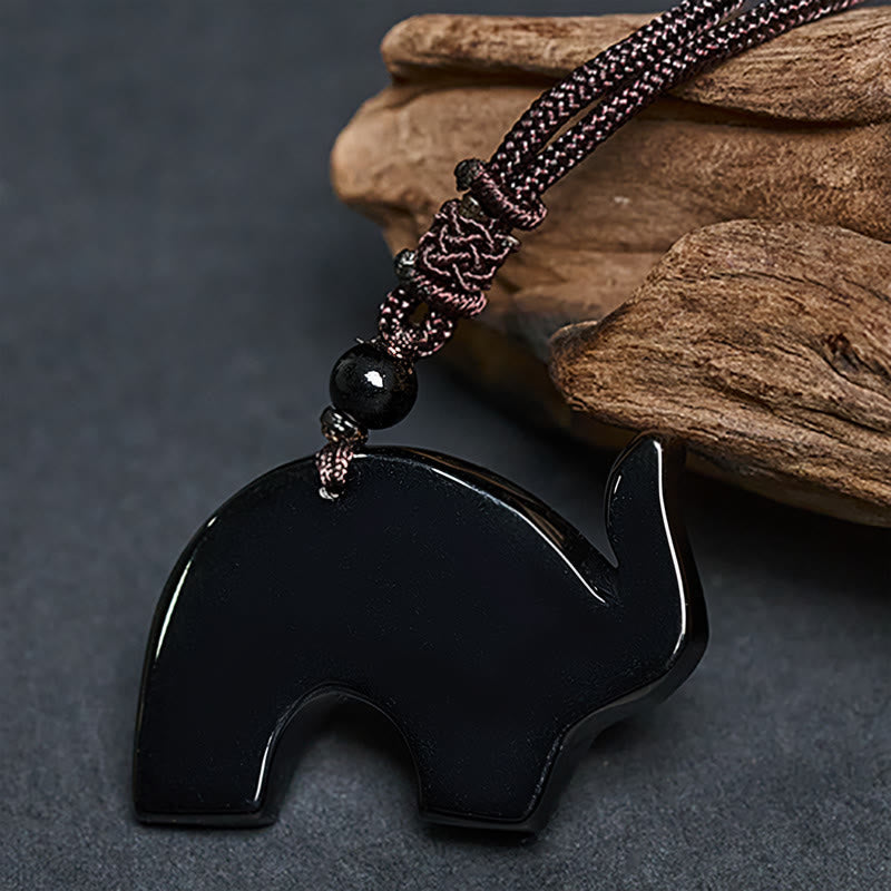 FREE Today: Purification and Wisdom Elephant Symbol Carved Design Black Obsidian Necklace Pendant