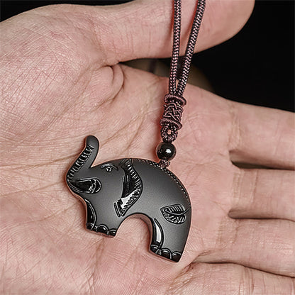 FREE Today: Purification and Wisdom Elephant Symbol Carved Design Black Obsidian Necklace Pendant