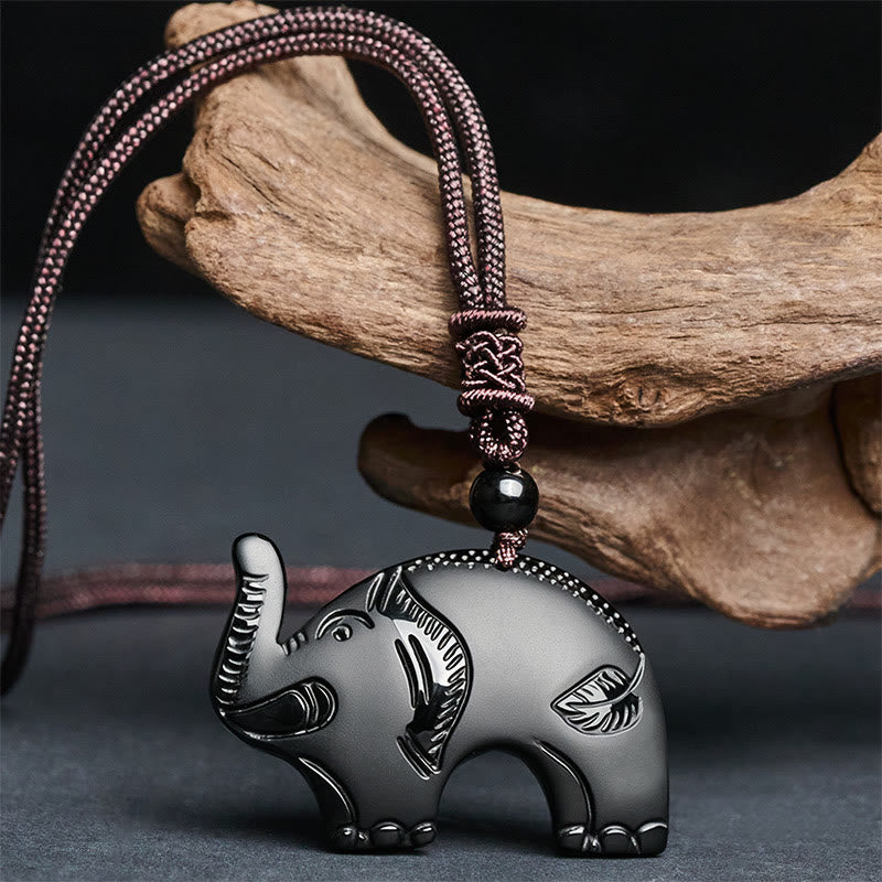 FREE Today: Purification and Wisdom Elephant Symbol Carved Design Black Obsidian Necklace Pendant