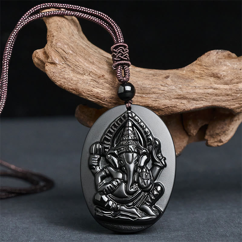 FREE Today: Strength and Reflection Ganesh Elephant Relief Design Natural Black Obsidian Necklace Pendant