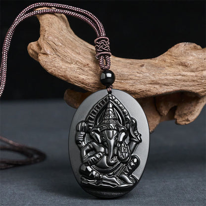FREE Today: Strength and Reflection Ganesh Elephant Relief Design Natural Black Obsidian Necklace Pendant