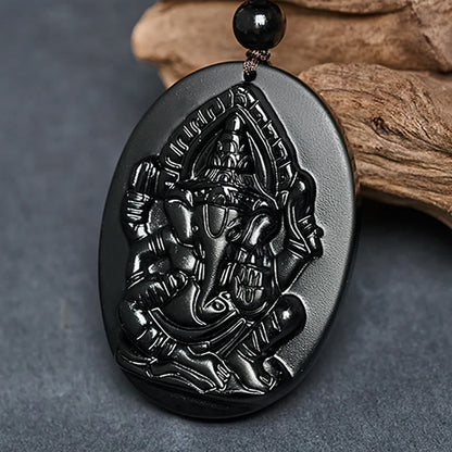 FREE Today: Strength and Reflection Ganesh Elephant Relief Design Natural Black Obsidian Necklace Pendant