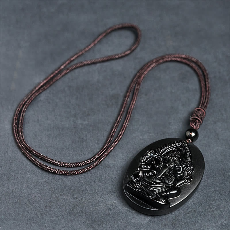FREE Today: Strength and Reflection Ganesh Elephant Relief Design Natural Black Obsidian Necklace Pendant