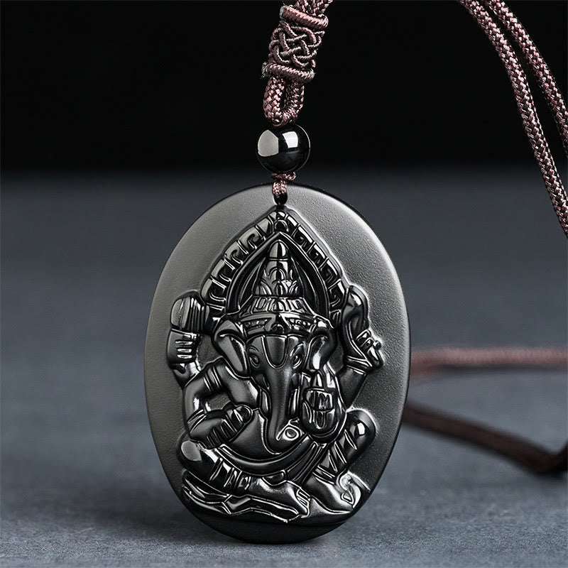 FREE Today: Strength and Reflection Ganesh Elephant Relief Design Natural Black Obsidian Necklace Pendant