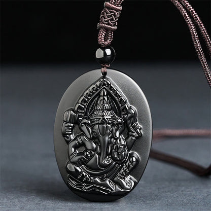 FREE Today: Strength and Reflection Ganesh Elephant Relief Design Natural Black Obsidian Necklace Pendant