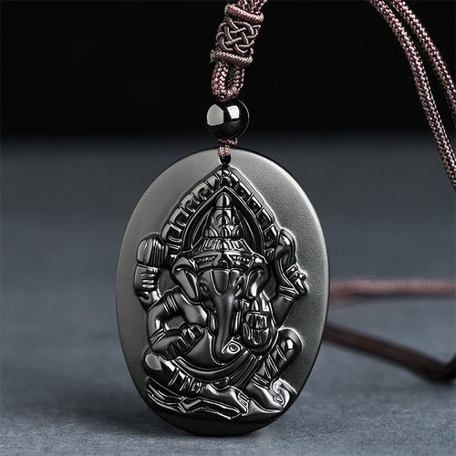 FREE Today: Strength and Reflection Ganesh Elephant Relief Design Natural Black Obsidian Necklace Pendant