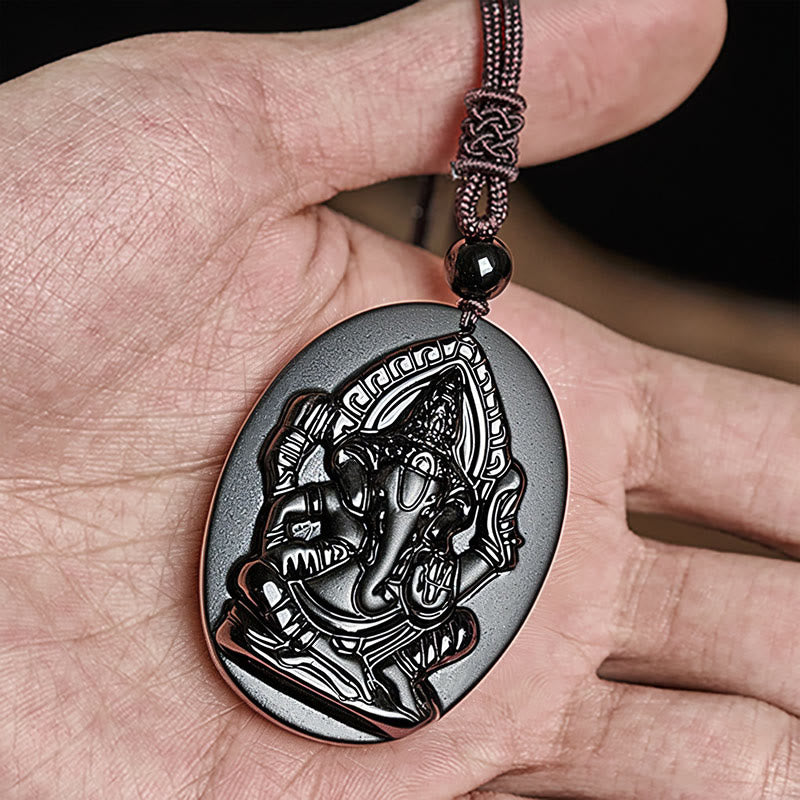 FREE Today: Strength and Reflection Ganesh Elephant Relief Design Natural Black Obsidian Necklace Pendant