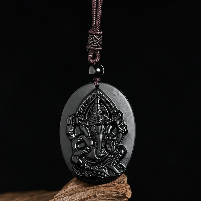 FREE Today: Strength and Reflection Ganesh Elephant Relief Design Natural Black Obsidian Necklace Pendant